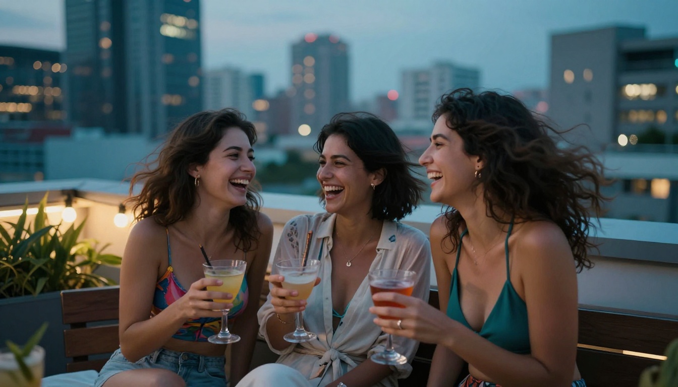 Two women in bikinis laughing together on a rooftop terrace at dusk Two women in bikinis laughing together on a rooftop terrace at dusk