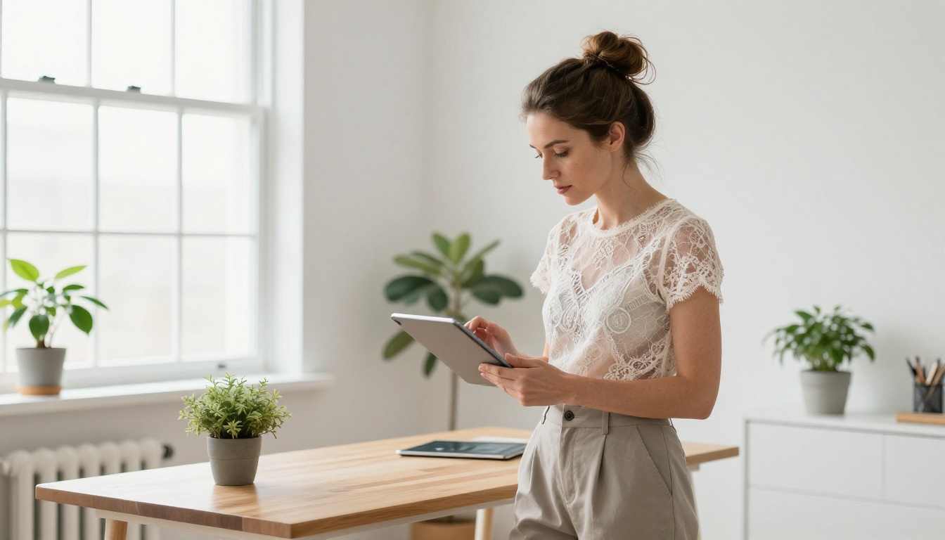 A woman wearing a sheer lace top working at a standing desk in a bright home office A woman wearing a sheer lace top working at a standing desk in a bright home office
