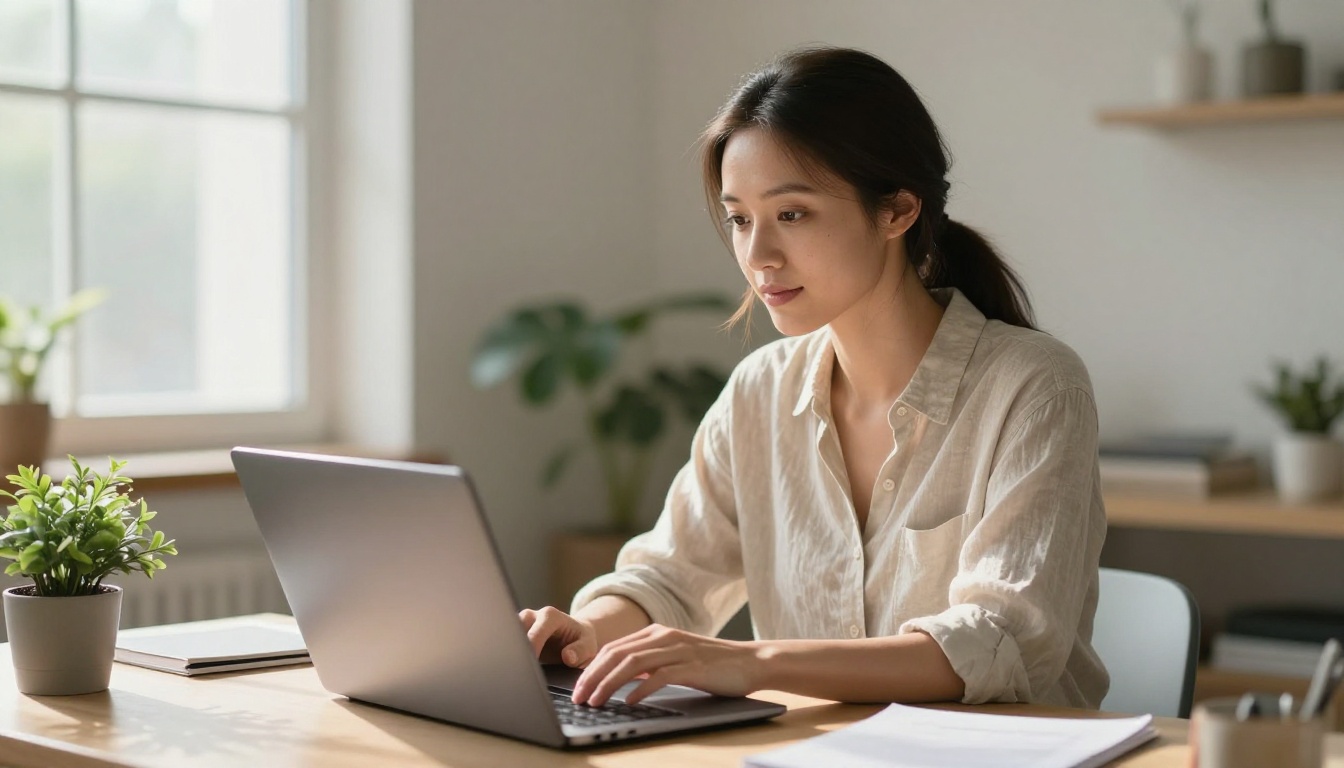 Woman working at minimalist home desk with laptop Woman working at minimalist home desk with laptop