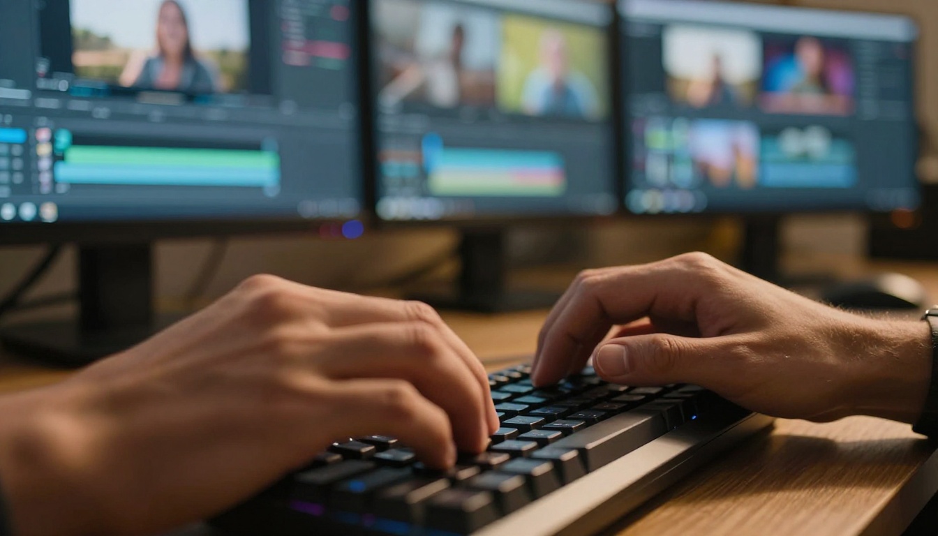 Close-up of hands typing on mechanical keyboard with video editing timelines in background bokeh