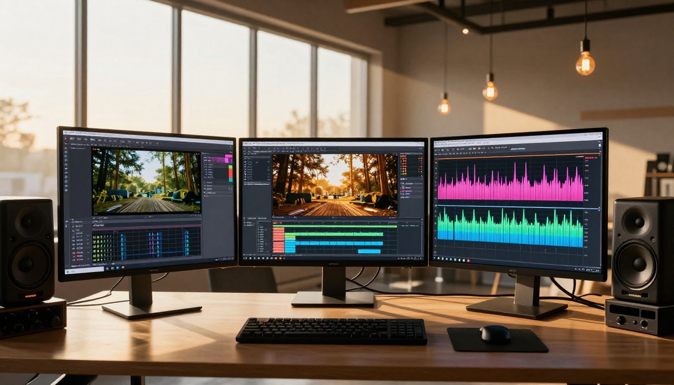 Wide-angle professional creative studio with AI video synthesis on screens