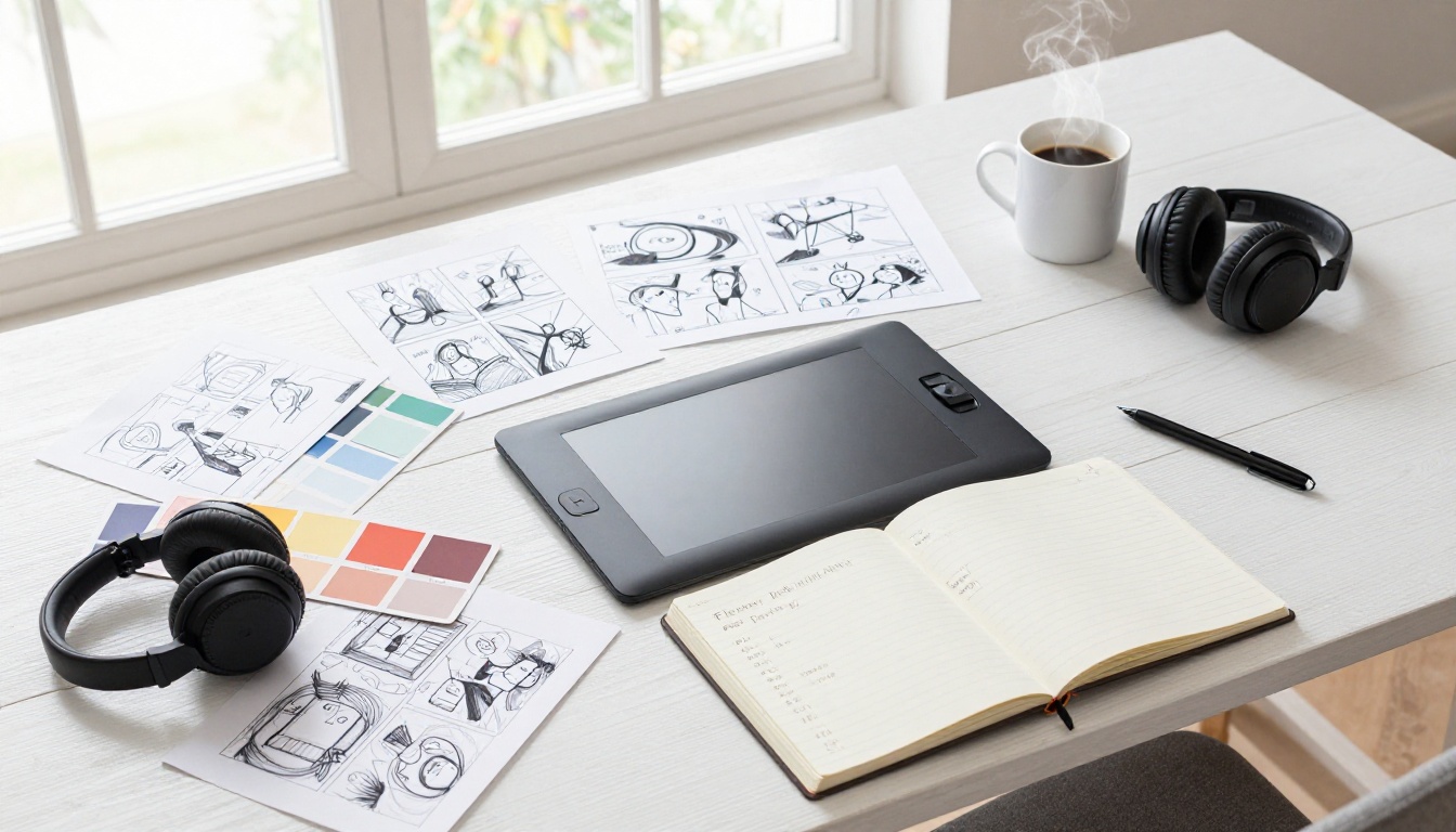 Top-down flat lay of creative director workspace with storyboard notes, drawing tablet, and headphones