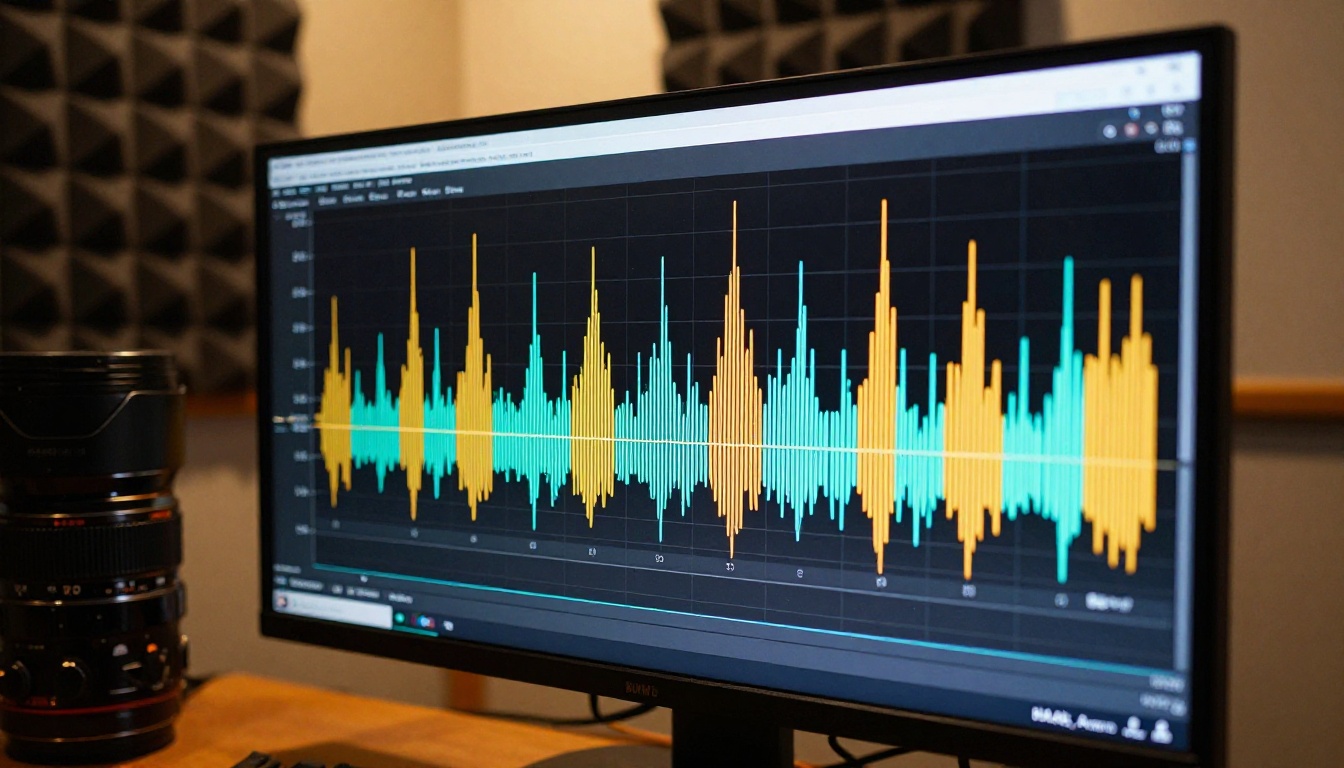 Close-up of audio waveform and spectrum analyzer on professional monitor