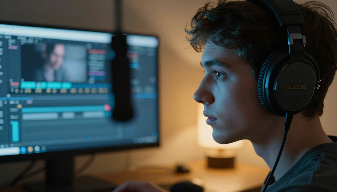 Side profile of focused video editor with professional headphones in dual blue and amber lighting