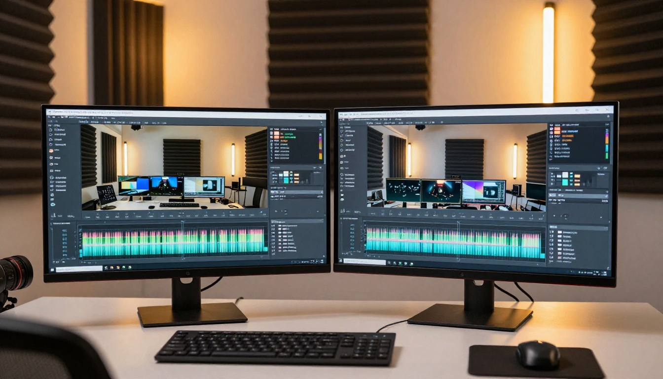 Dual monitor setup showing before and after AI video quality comparison