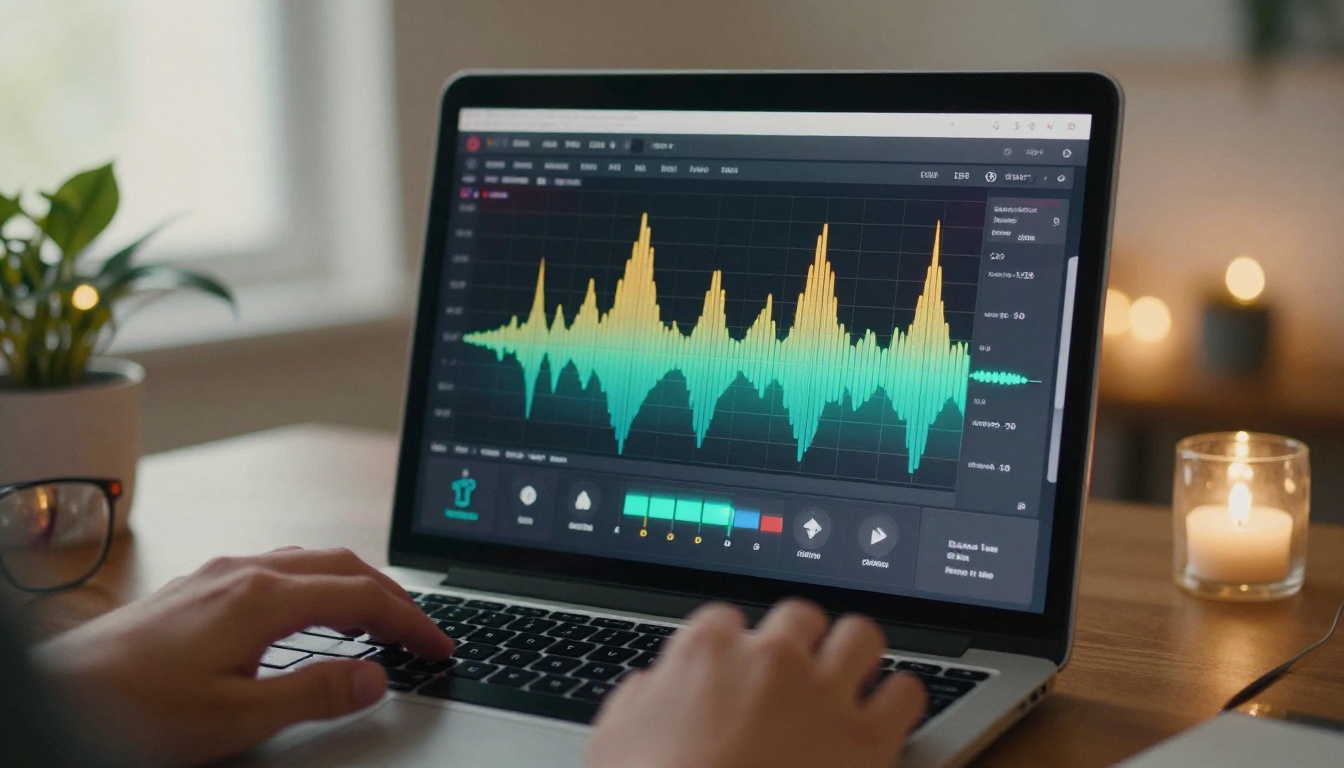 AI music generation interface showing colorful spectrum analyzer and waveform