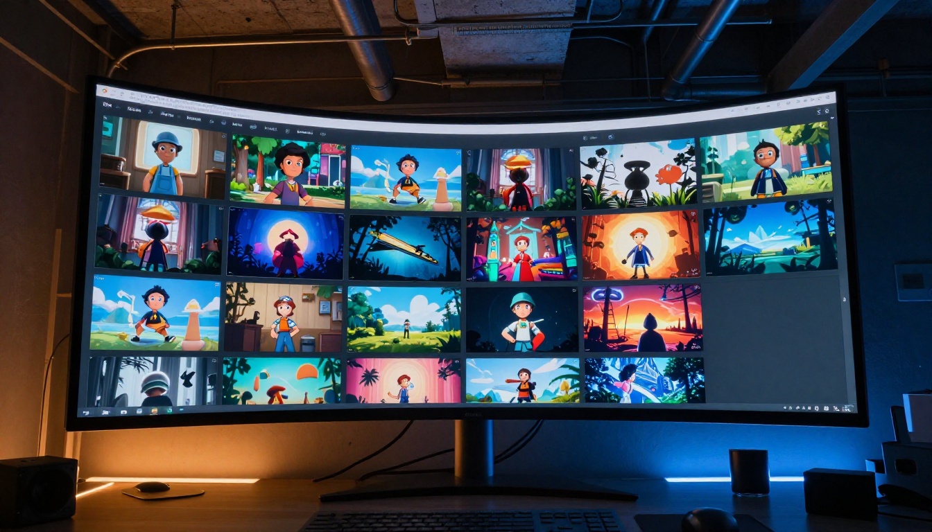 Low-angle dramatic shot of ultrawide monitor displaying video export grid