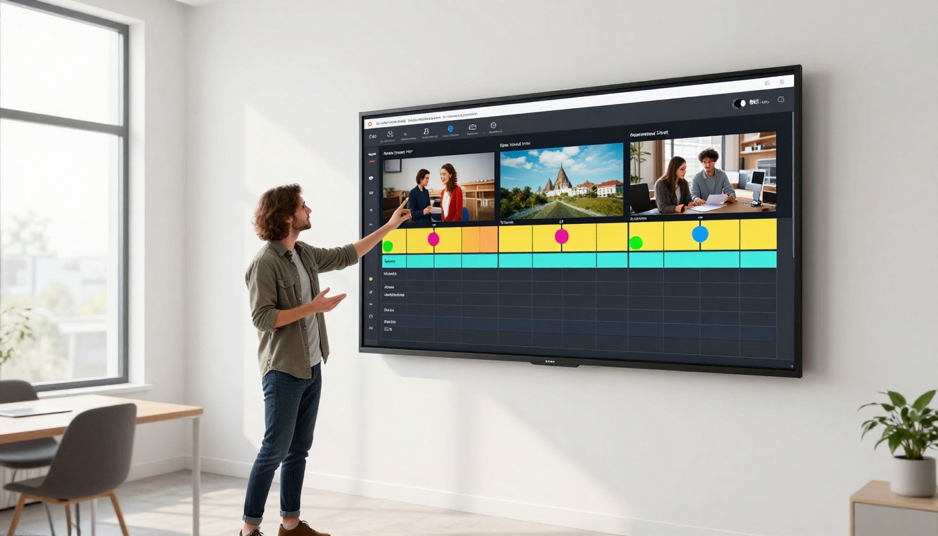 Creative professional standing before wall-mounted display with completed video project timeline