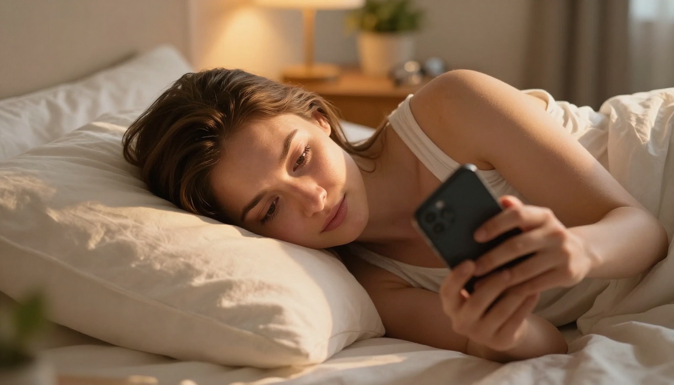 Woman lying on stomach across a soft bed with white linen sheets, reading messages on phone, warm lamp light