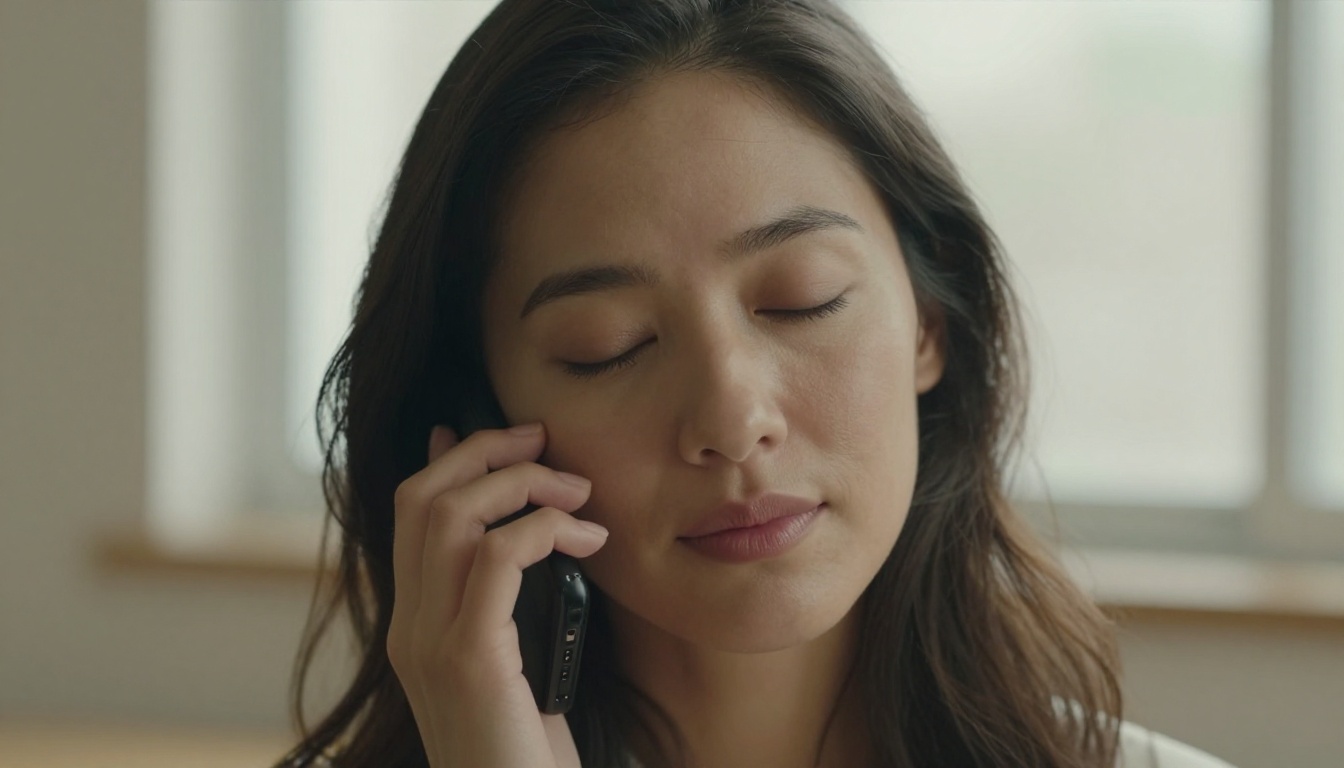Close-up portrait of a woman holding phone against cheek, eyes closed, soft natural window light