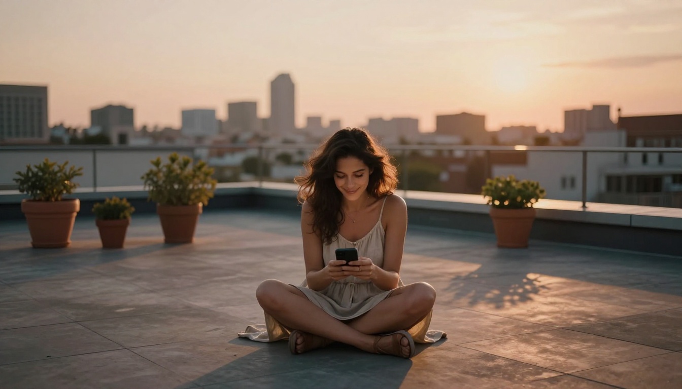 Woman sitting cross-legged on a rooftop terrace at golden hour, city skyline softly blurred in the background