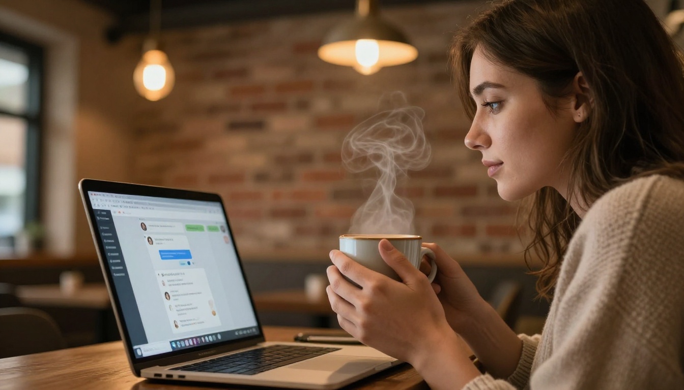Woman in cozy cafe corner booth, hands wrapped around warm mug, soft gaze at open laptop chat screen