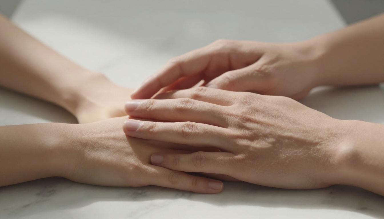 Close-up of two hands gently meeting on a marble surface, one human with visible skin texture, warm natural daylight
