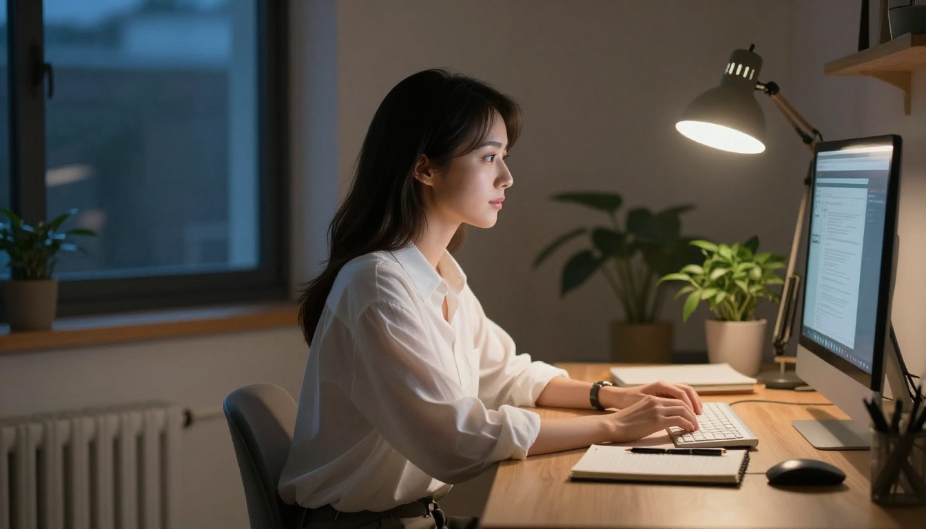 Woman sitting at a minimal wooden desk at night, warm desk lamp illuminating her face, thoughtful expression