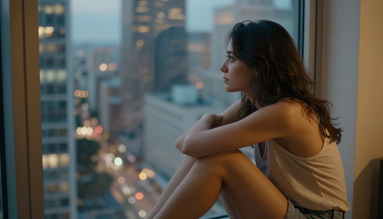 Woman sitting on high-rise window ledge at dusk, looking out at city lights below, pensive and warm