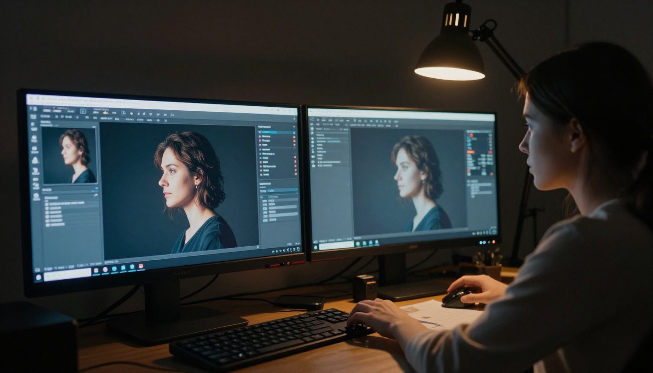 AI tool comparison on dual monitors in photography studio
