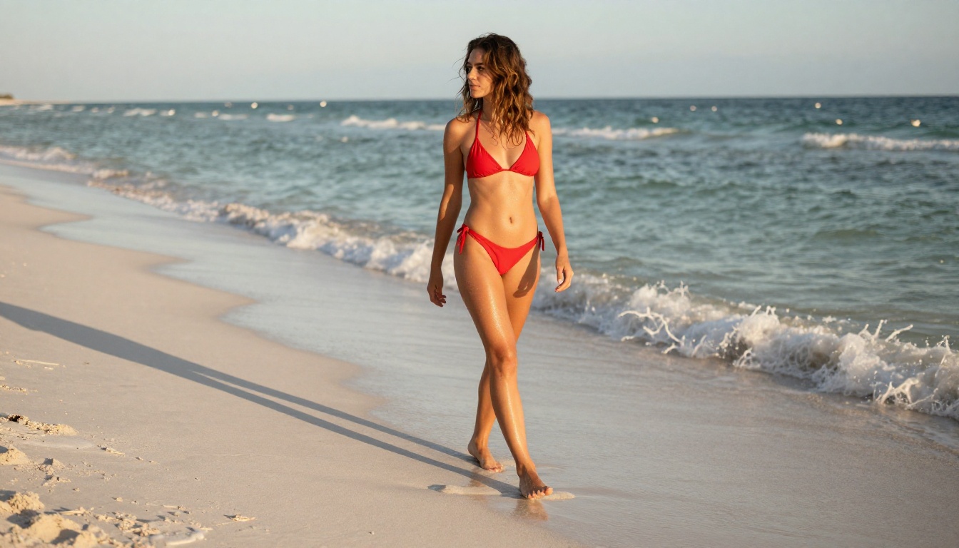 Woman on beach, photorealistic golden hour photography