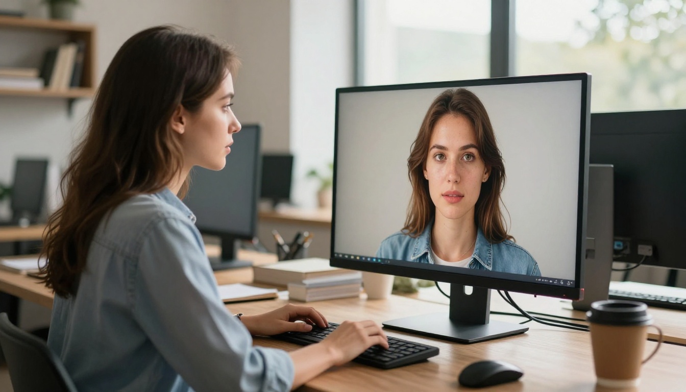 Professional woman studying AI-generated imagery on monitor