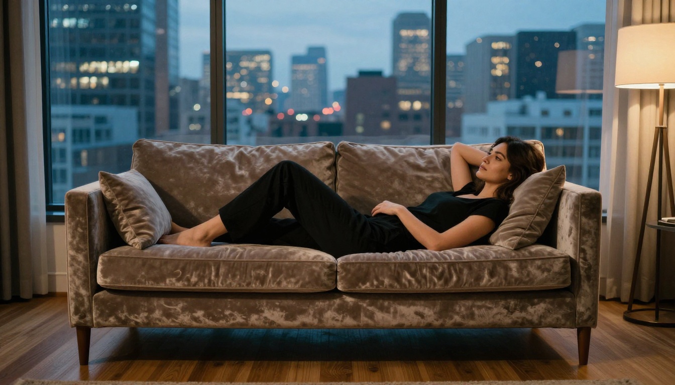 Woman in elegant penthouse setting, photorealistic evening light