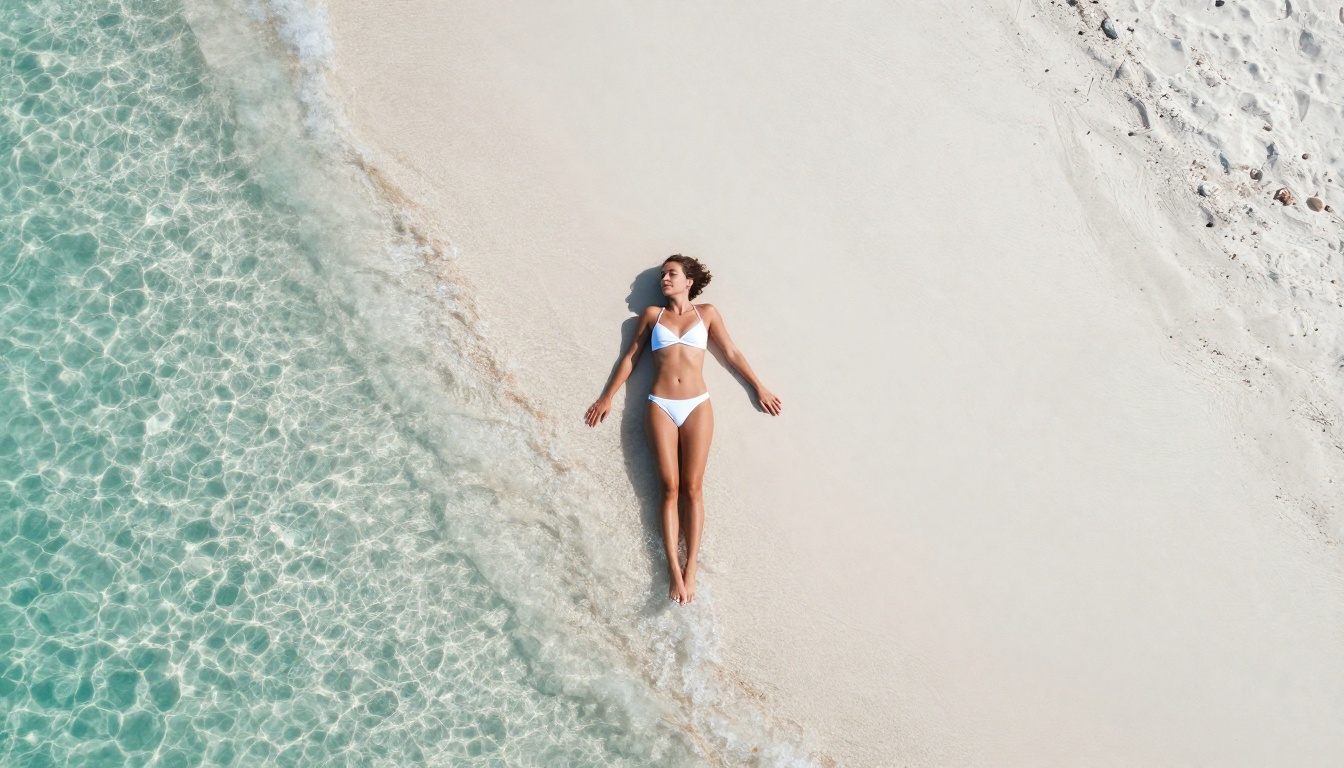 Aerial beach perspective, photorealistic drone photography