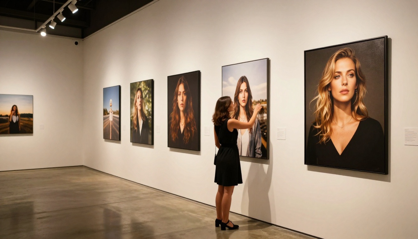 Woman in art gallery examining photographic prints
