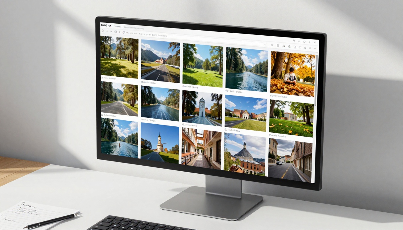 4K monitor displaying AI-generated video thumbnails in grid
