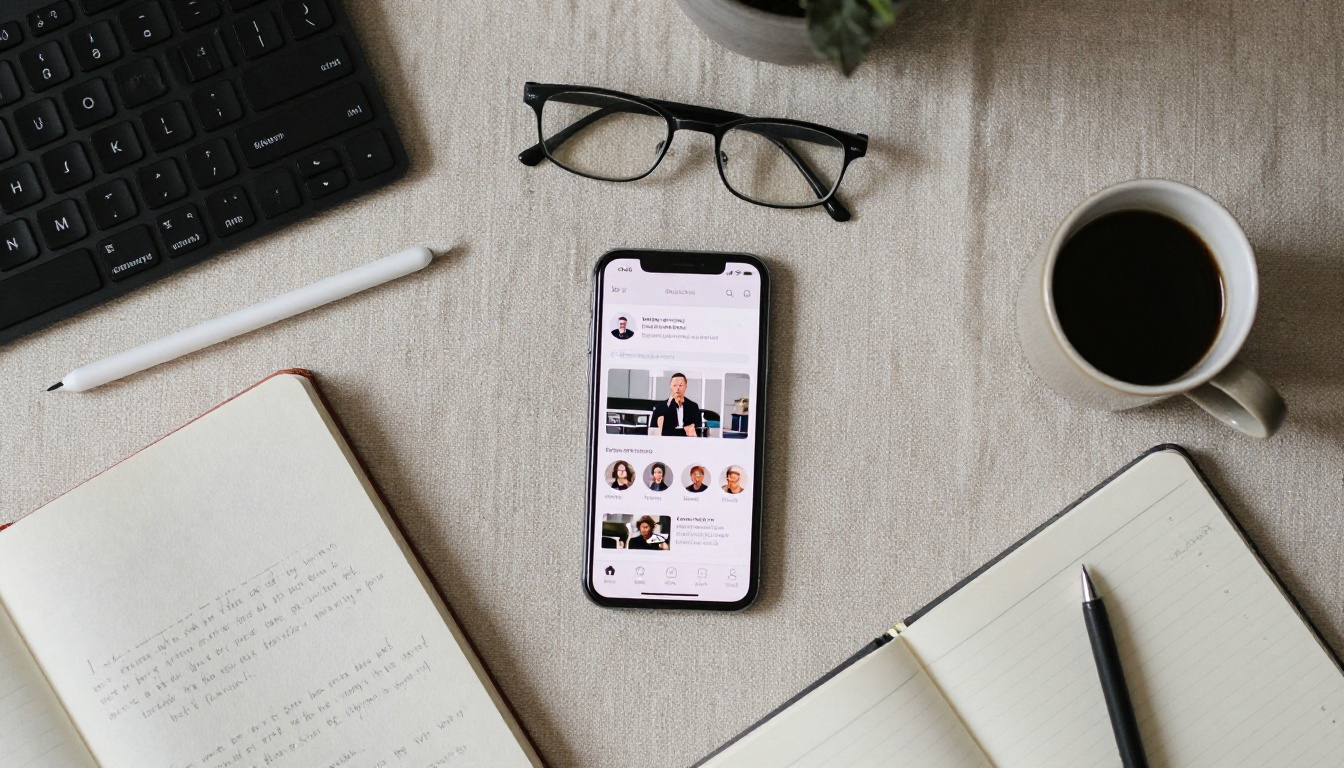 Creative workspace flat-lay with smartphone AI app