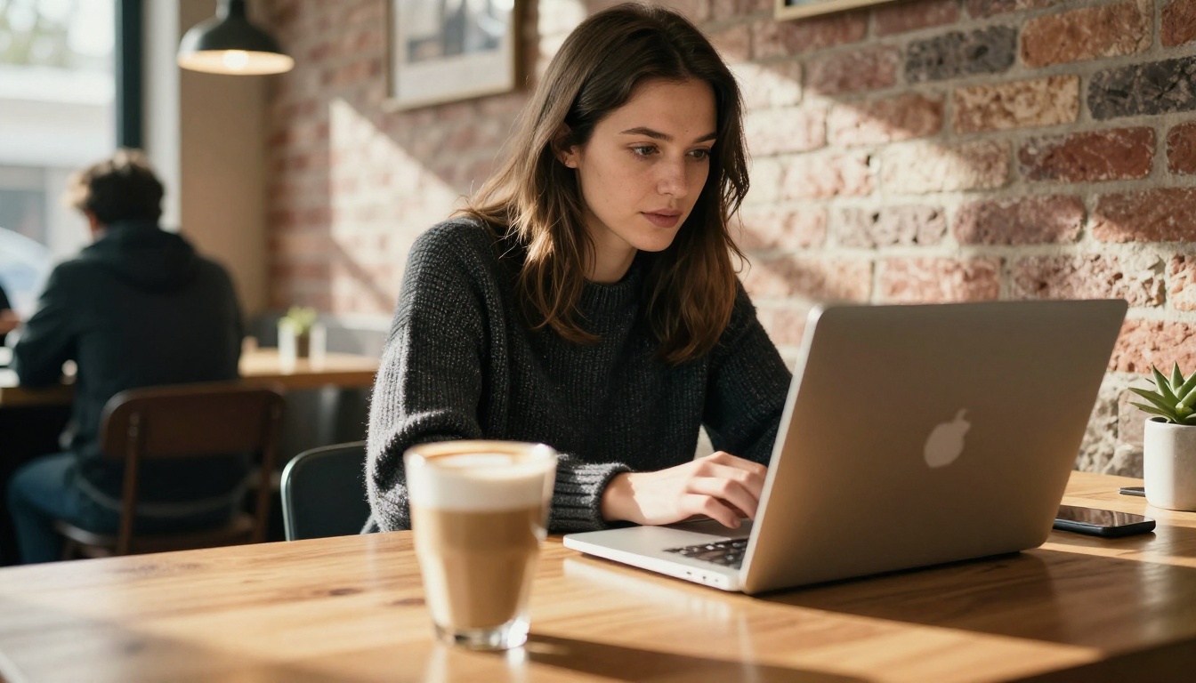 Woman at coffee shop using AI video creation platform on laptop