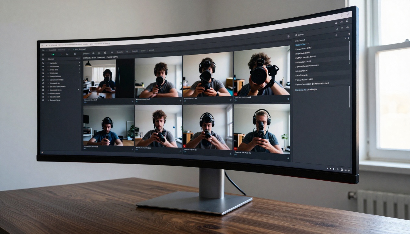 Low-angle view of AI video generation interface on ultra-wide monitor