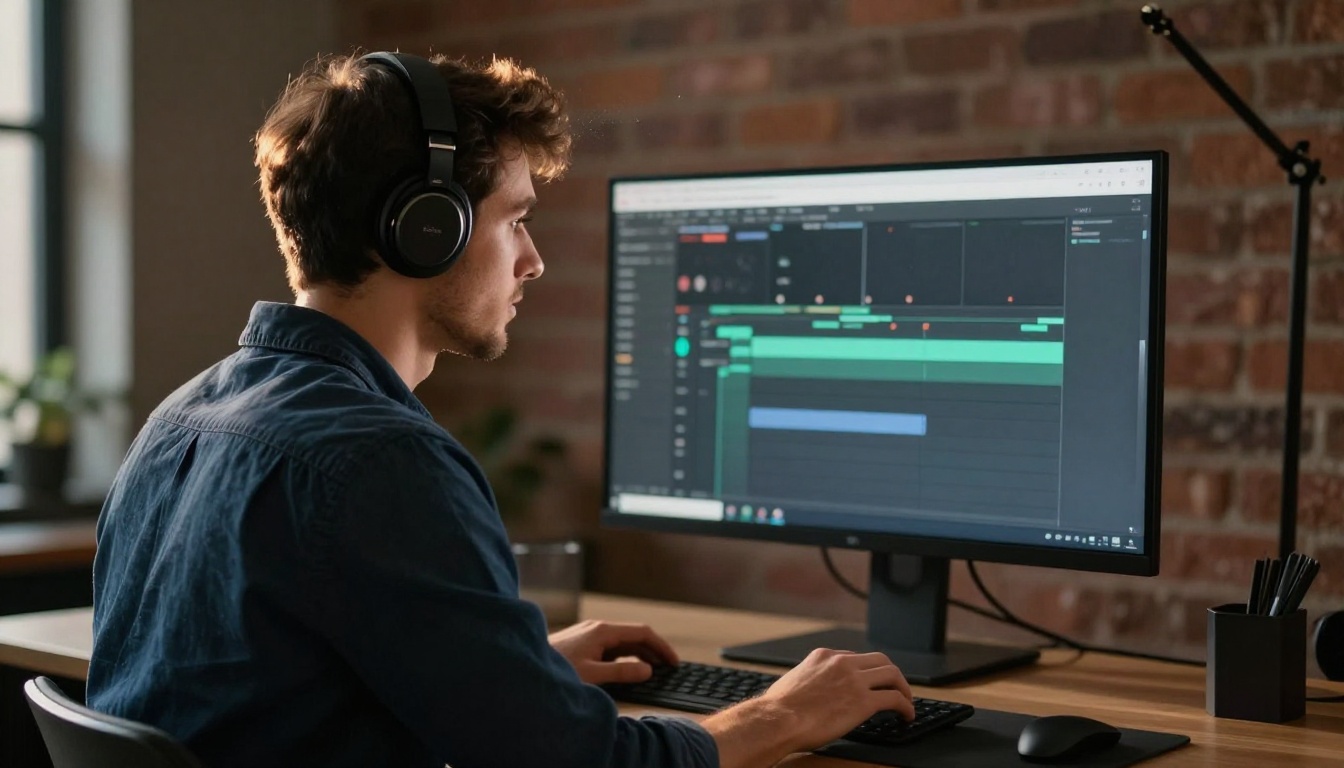 Side profile of male content creator at standing desk editing video