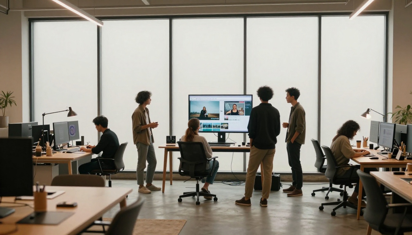 Creative studio team collaborating around AI video display screen