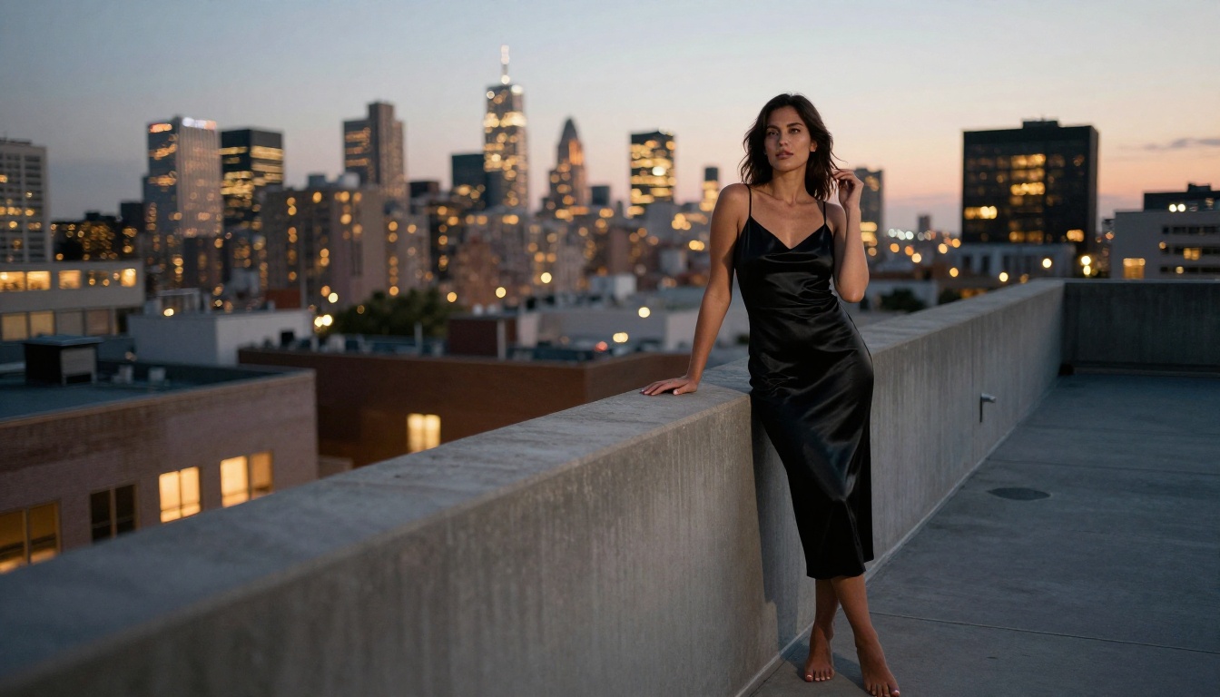 Woman in elegant satin dress on rooftop terrace at dusk, city skyline bokeh