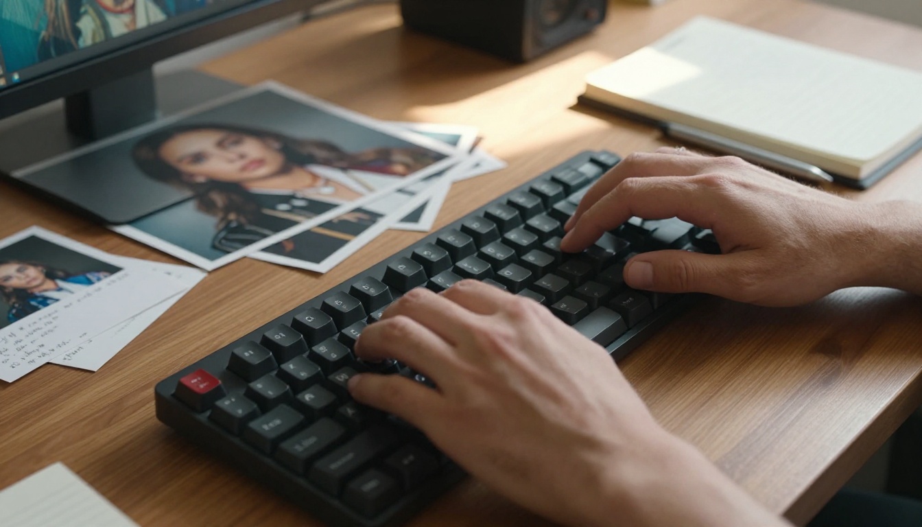 Creative professional reviewing AI art prompts at workstation