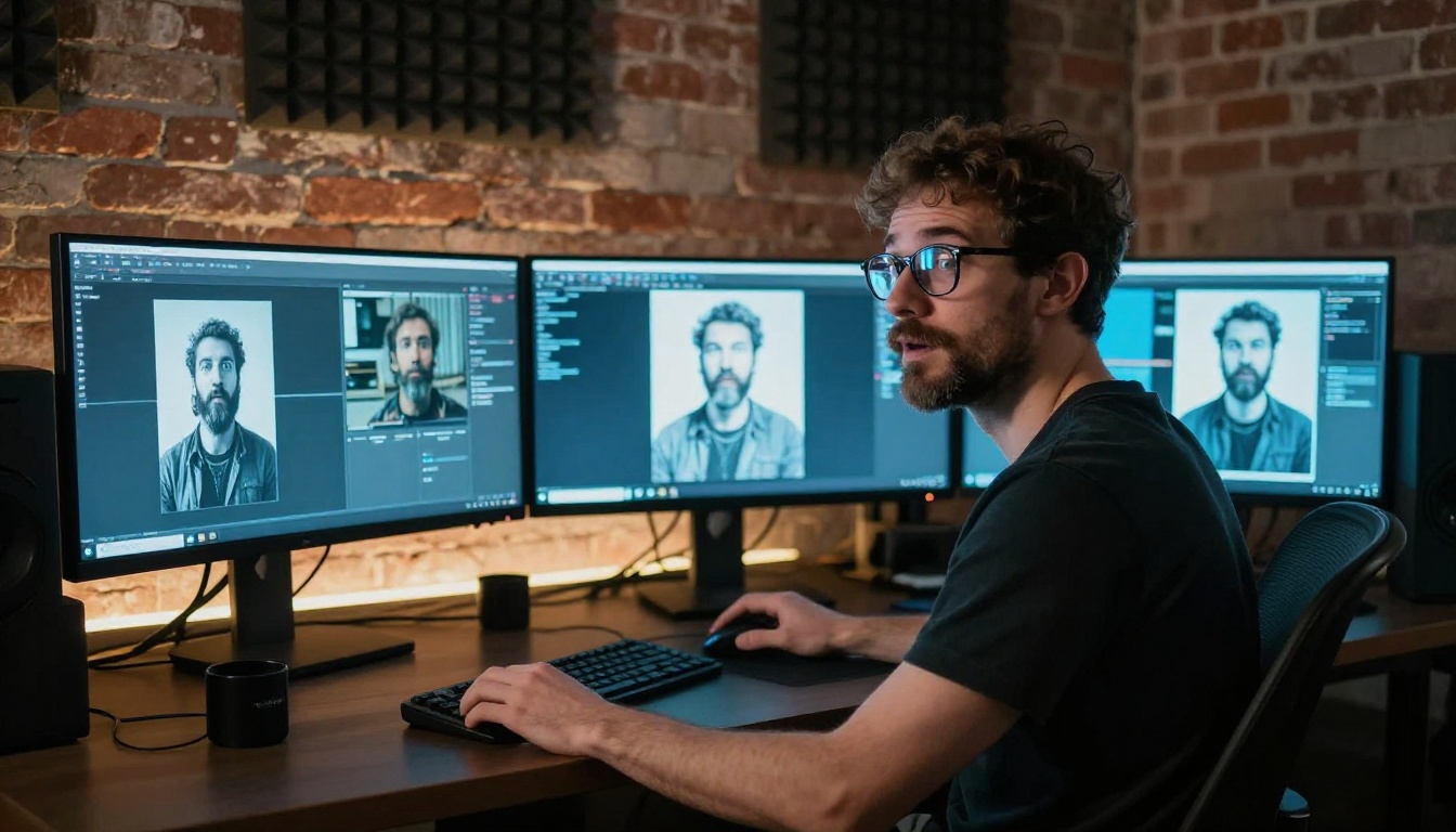 Digital artist comparing AI model outputs on multiple screens