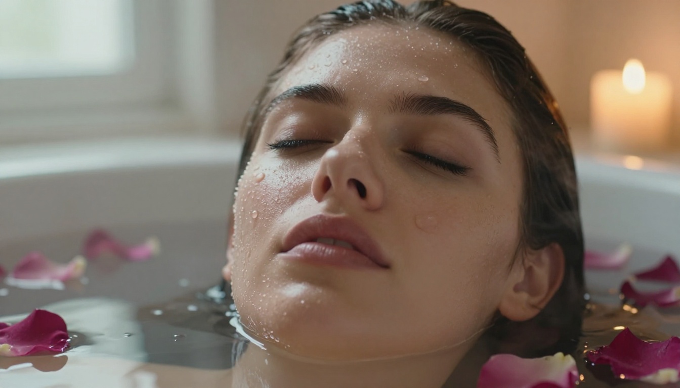 Close-up beauty shot of woman in bath with rose petals, warm candlelight skin tones