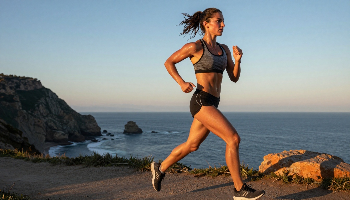 Athletic woman running along coastal cliff path at sunrise, sports photography photorealism