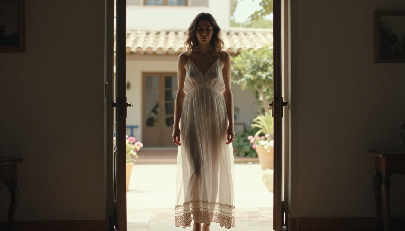 Woman in sheer white dress backlit at Mediterranean villa doorway, cinematic chiaroscuro