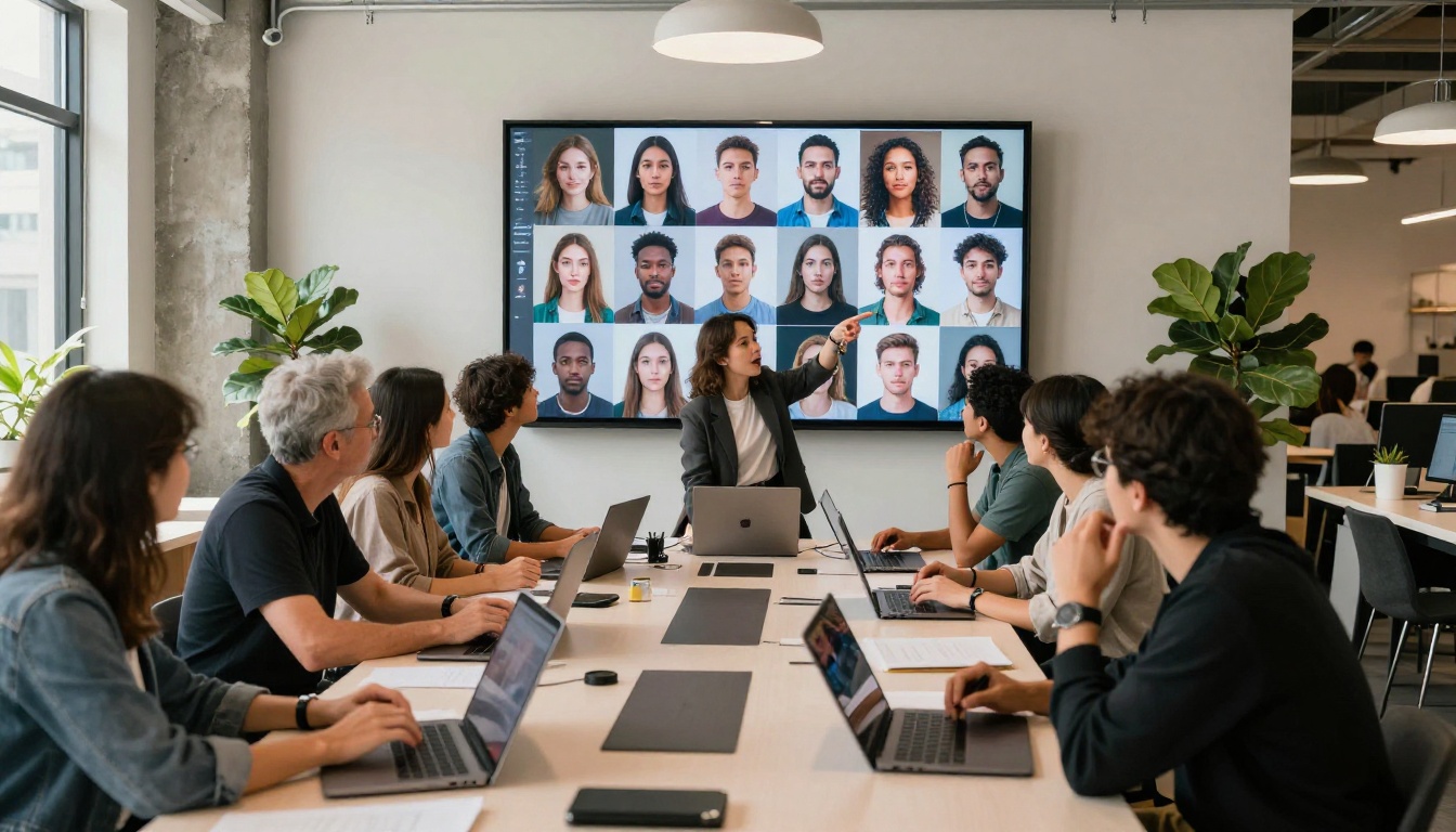Diverse creative team collaborating around AI outputs
