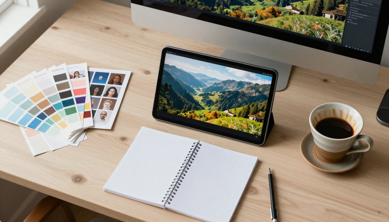 Creative workspace flat-lay with AI generated prints and tools