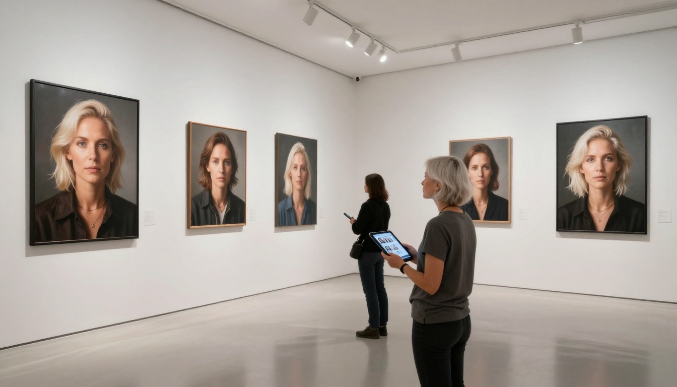 Female photographer standing in gallery reviewing large-format AI prints