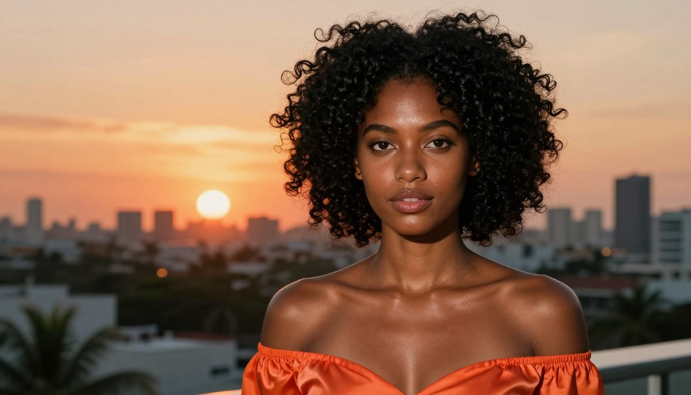 Deep ebony skin with warm undertones at golden hour rooftop