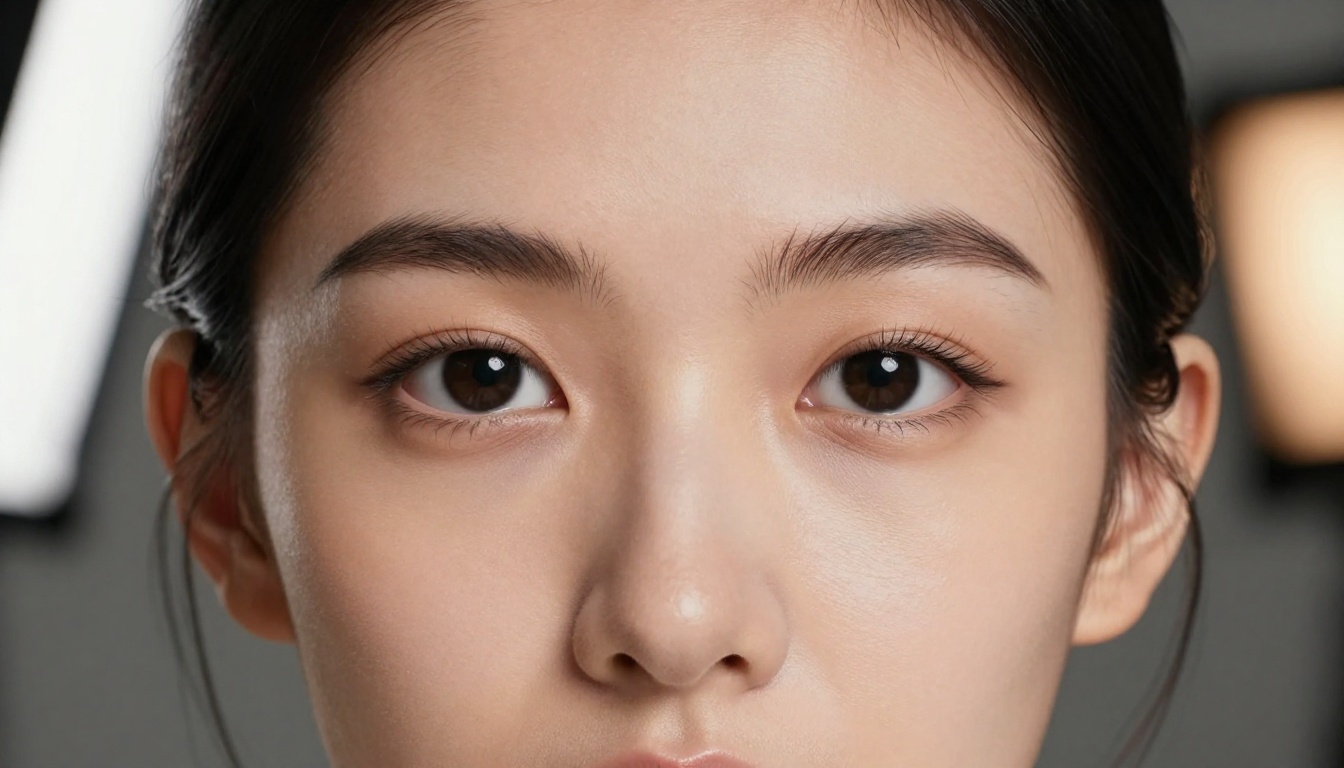 East Asian beauty close-up with ultra-detailed skin texture and almond eyes