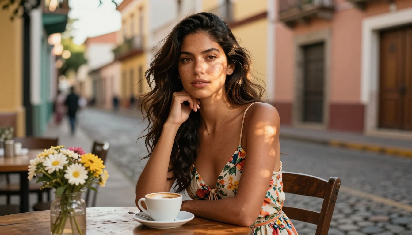 Latina woman with warm caramel skin and dark wavy hair with honey highlights