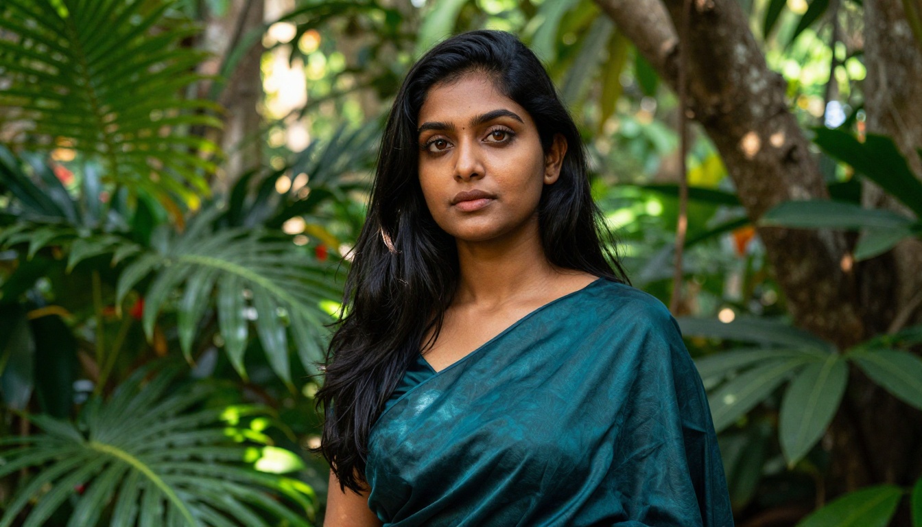 South Asian woman with warm brown skin in a botanical garden, low-angle empowering composition