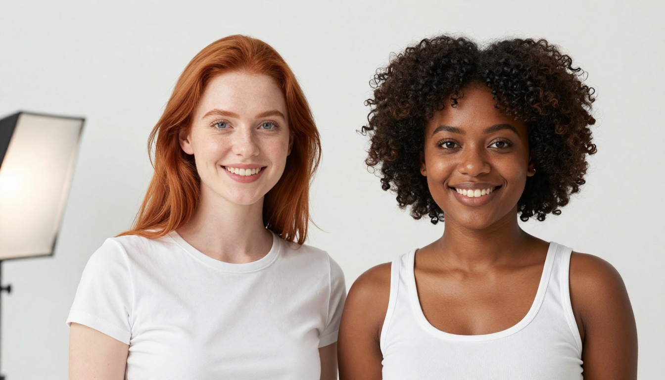 Side-by-side diversity comparison of fair and deep skin tones in neutral studio light