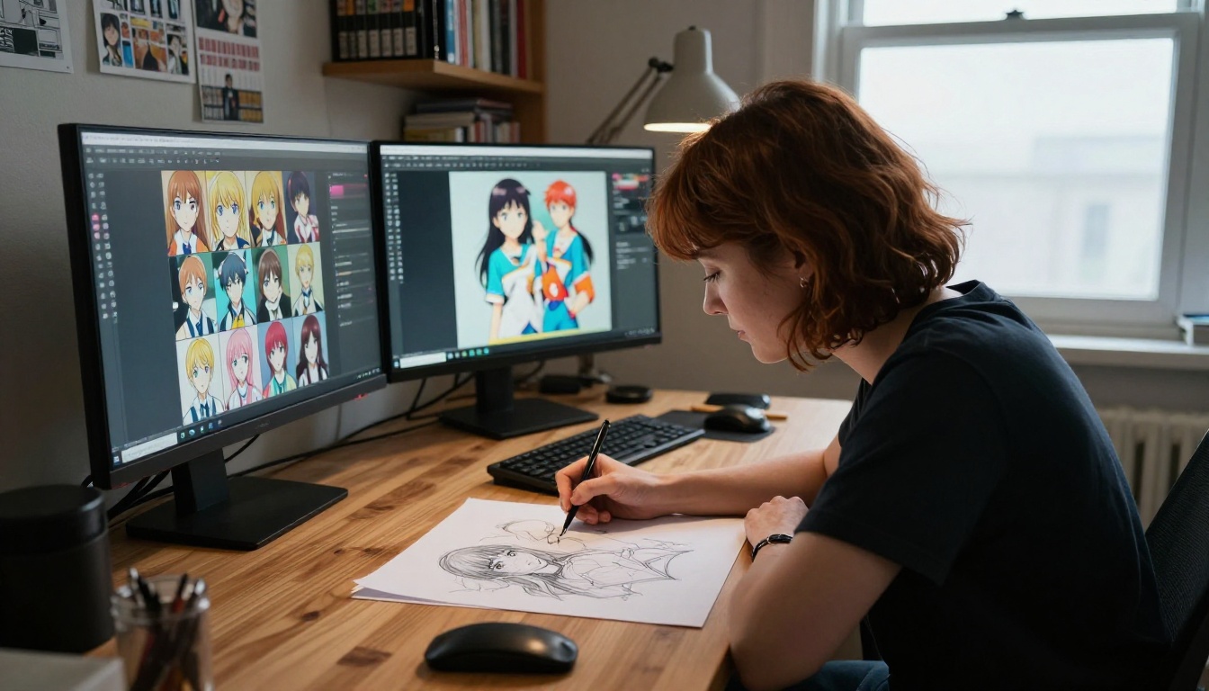 AI creator at desk with anime video generation software