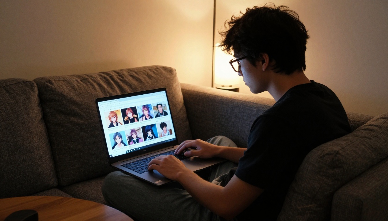 Person browsing AI video generation thumbnails on laptop