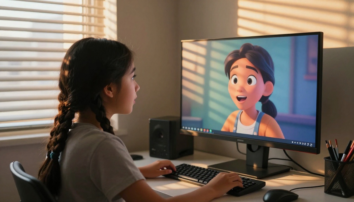 Teenage girl watching AI-generated character animation on monitor