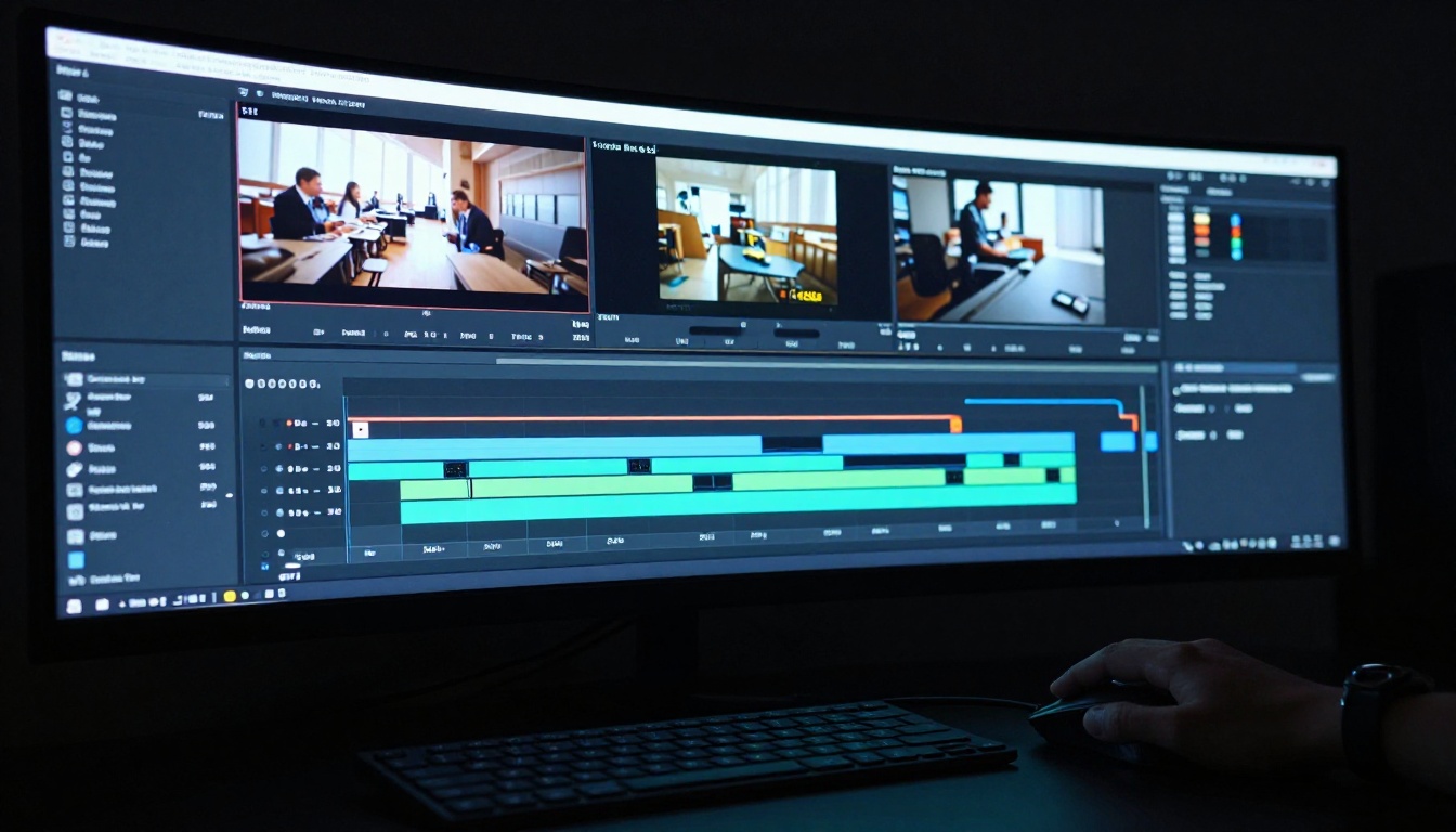 Video editing timeline with multiple tracks on curved monitor