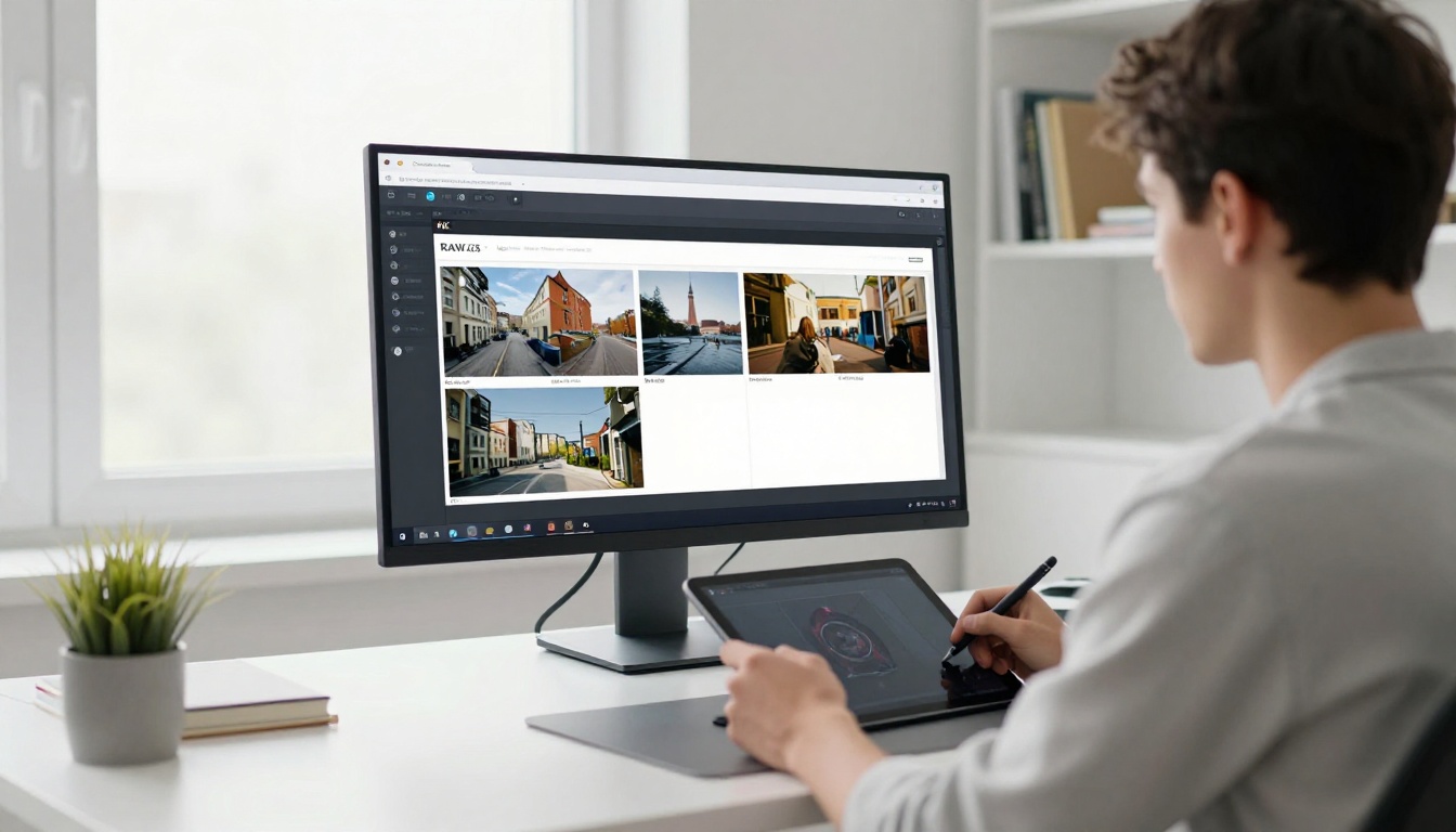 Creator reviewing storyboard thumbnails on vertical monitor